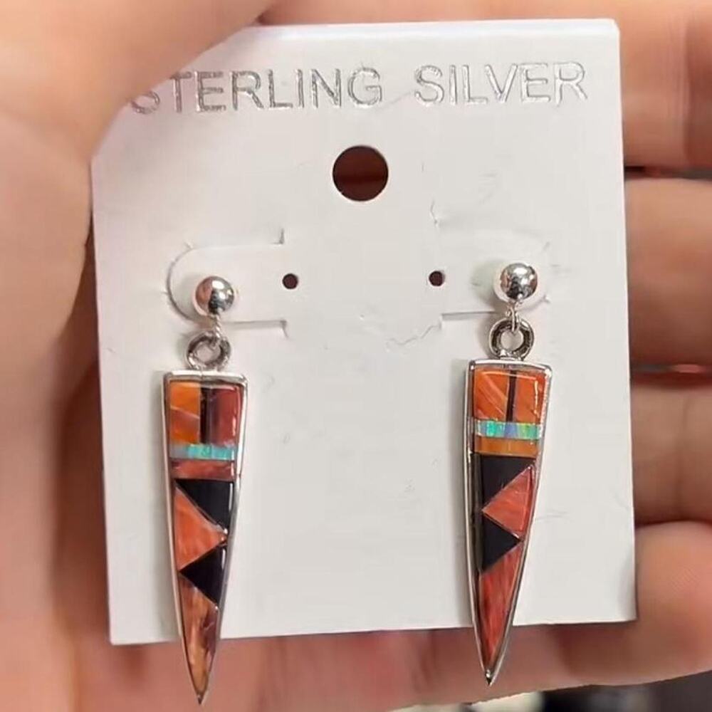Sterling Silver Southwestern Inlay Dangle Earrings Point